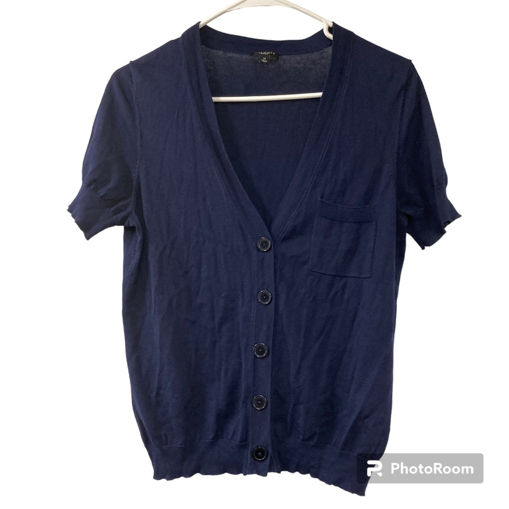 Talbots Petites Navy Blue Short Sleeve Silk Blend Button Front Cardigan Size PM